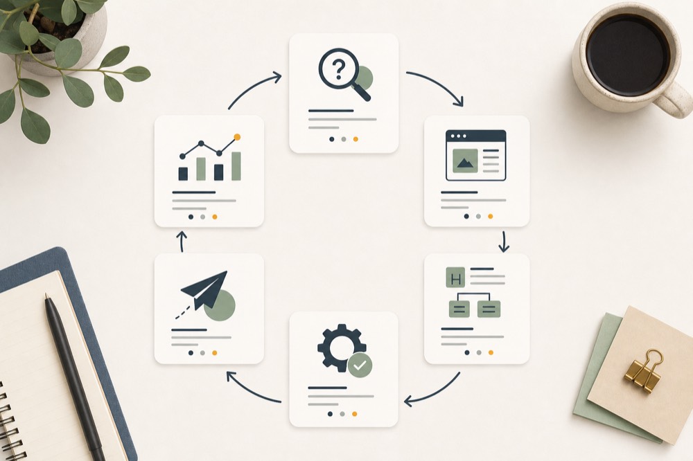 A calm search visibility workflow connecting audits, product pages, content, and discovery signals